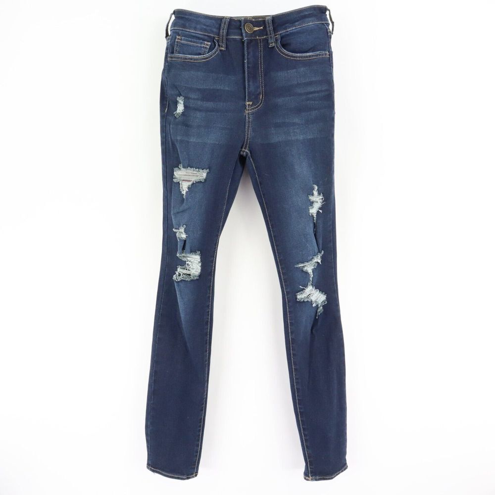 SO Ultimate Skinny Jeans High Rise Juniors Sz 5 Blue Dark Wash Denim Distressed